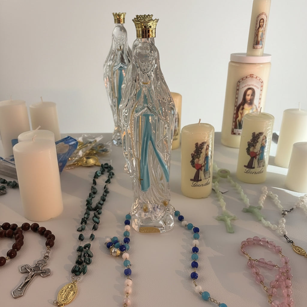 Bouteille sainte en verre forme de la vierge marie d’eau de lourdes authentique bénite par un prêtre et passée sous la grotte dévotion spirituelle sanctuaire sanctuaire pèlerinage souvenir religieux