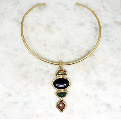 NIIKI 1382 NORAE COLLIER (LABRADOITE ONYX MALACHITE AMÉTHYSTE)