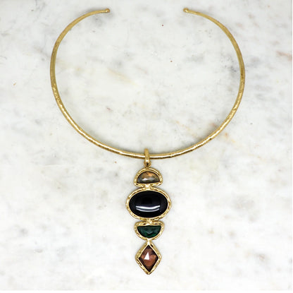 NIIKI 1382 NORAE COLLIER (LABRADOITE ONYX MALACHITE AMÉTHYSTE)