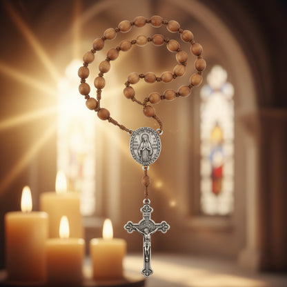 ST MICHEL chapelets religieux chrétiens traditionnels : un modèle en perles de bois avec chaîne  et un modèle en perles de bois clair sur cordon noir, parfaits pour la prière et la méditation. béni par un prêtre à Lourdes et passer sous la grotte