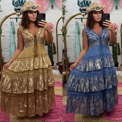 ROBE BOHEME 36/40 PAP22A  la robe de l’été est enfin là ✨ craquez pour notre modèle bohème iconique en 3 coloris : doré solaire, bleu ciel ou vert d’eau. fluide, scintillante et parfaite pour toutes vos soirées ! 👗🔥
