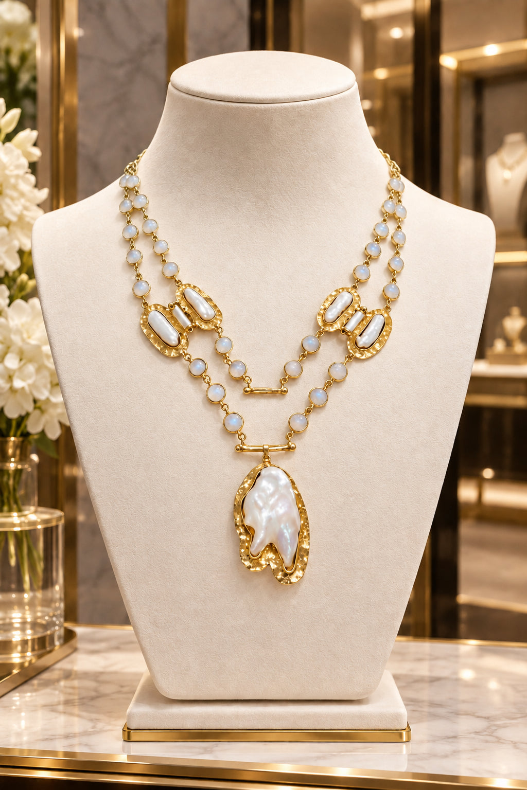NIIKI PARIS NCN1070 Collier double rang baroque en laiton doré à l&