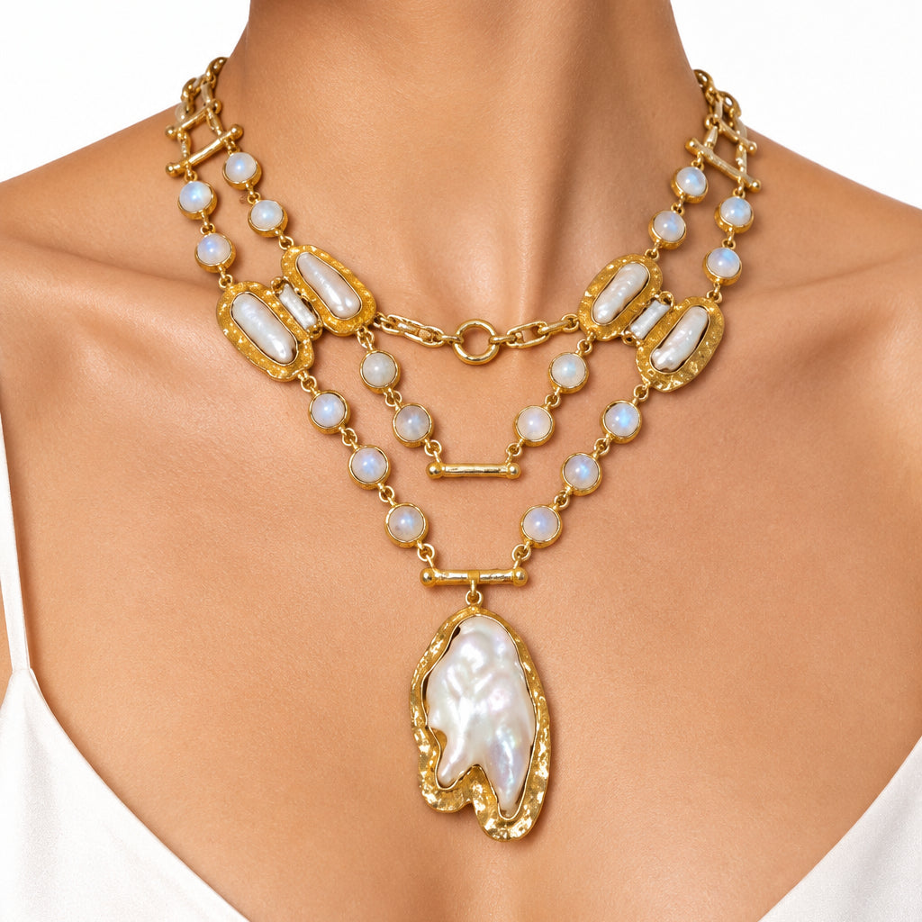 NIIKI PARIS NCN1070 Collier double rang baroque en laiton doré à l&