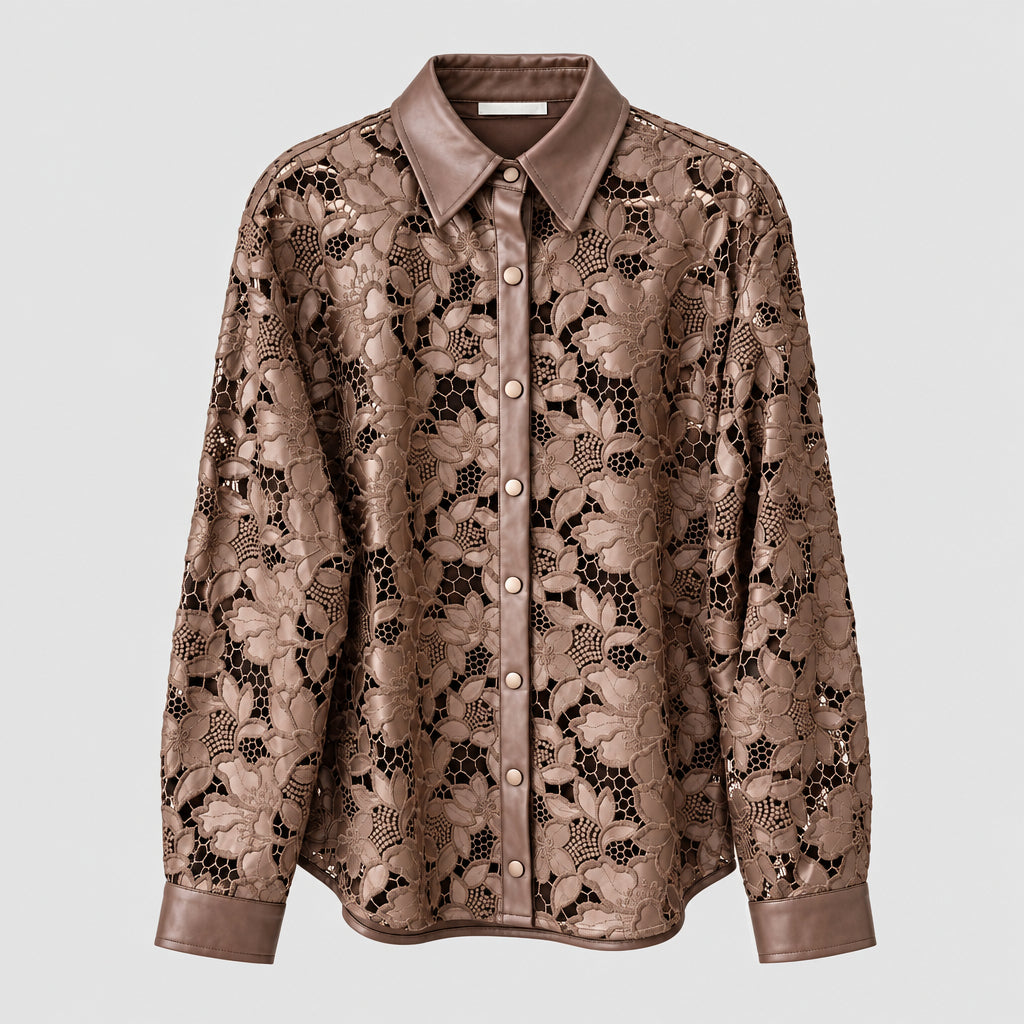 Chemise ajourée MBB8913 – chemise femme en similicuir marron chocolat à motifs floraux découpés, col classique et boutonnage devant, style bohème chic original