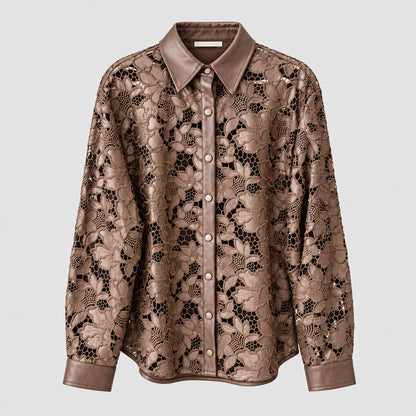 Chemise ajourée MBB8913 – chemise femme en similicuir marron chocolat à motifs floraux découpés, col classique et boutonnage devant, style bohème chic original