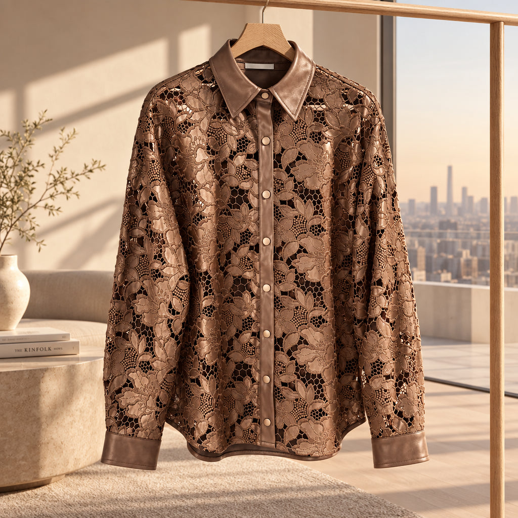 Chemise ajourée MBB8913 – chemise femme en similicuir marron chocolat à motifs floraux découpés, col classique et boutonnage devant, style bohème chic original