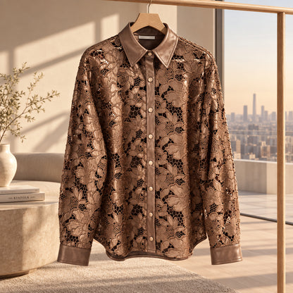 Chemise ajourée MBB8913 – chemise femme en similicuir marron chocolat à motifs floraux découpés, col classique et boutonnage devant, style bohème chic original