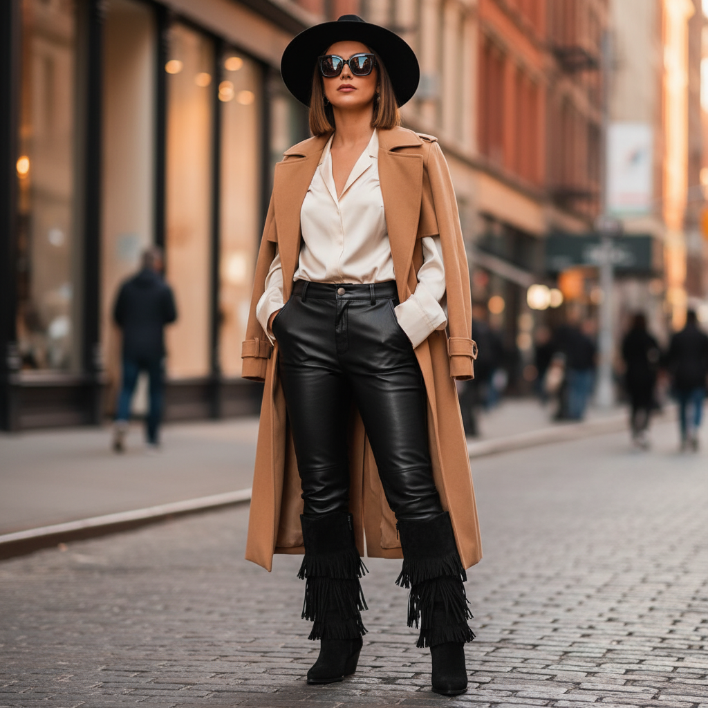 3775 SANTIAG Bottes en Imitation Daim avec Franges à Deux Niveaux Talon Carré 7 cm Style Unique et Élégant Noir et Imitation