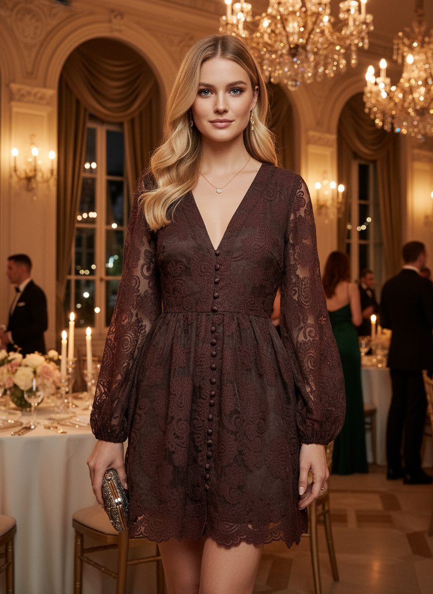 27506 Robe patineuse en dentelle élégante avec décolleté en V et manches longues resserrées par élastiques taille cintrée