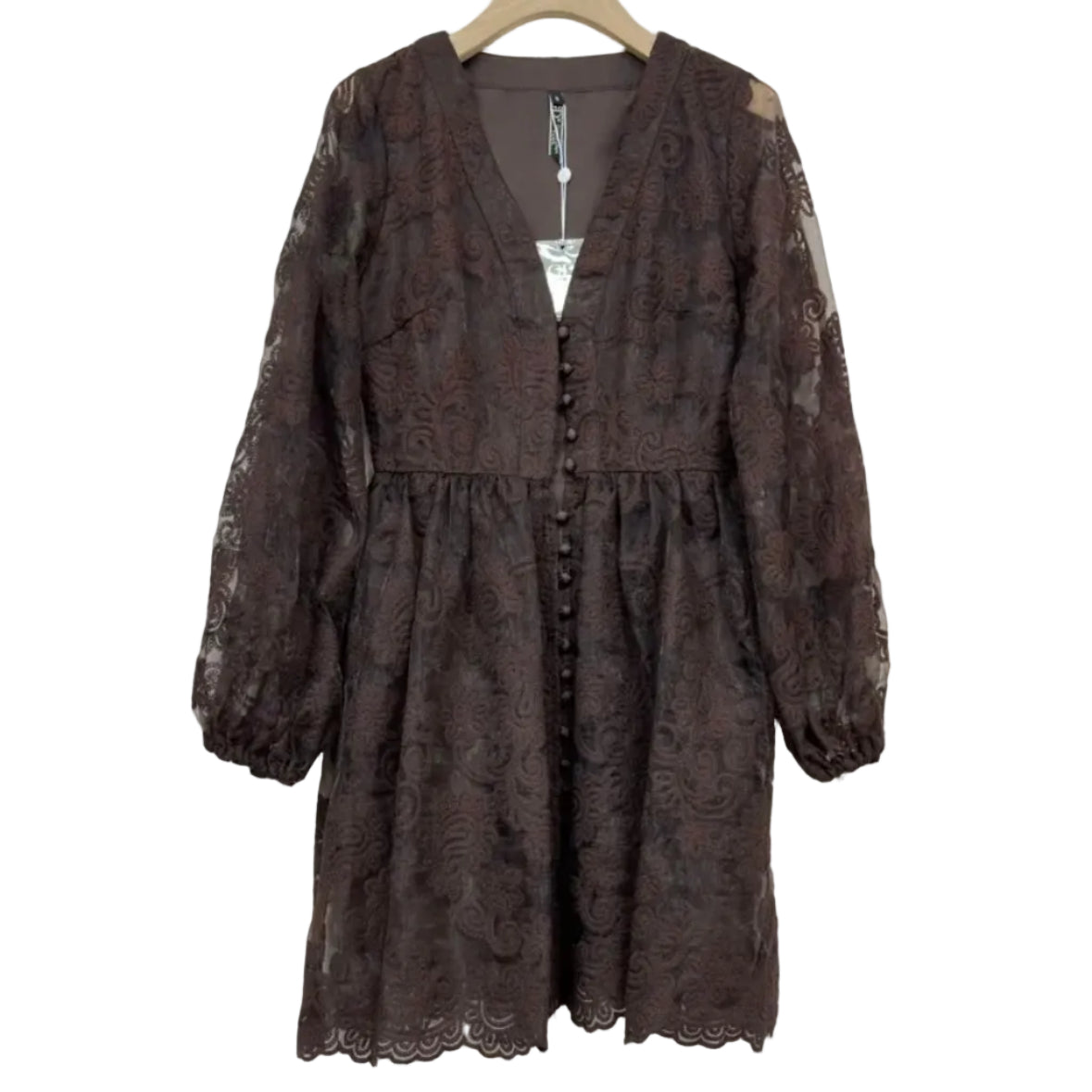 Robe dentelle 27506 – robe patineuse femme avec décolleté en V, taille cintrée et manches longues resserrées aux poignets par élastiques, allure romantique et élégante pour cérémonie ou soirée