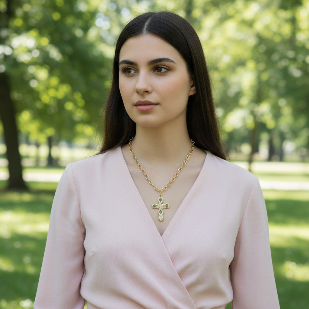 COLLIER NIIKI PARIS AVEC PENDENTIF CROIX rhodochrosite et apatite Tout les bijoux NIIKI indisponibles sont en précommande dans un délai de 15 jours ouvrables voir en privé avec Laetitia .