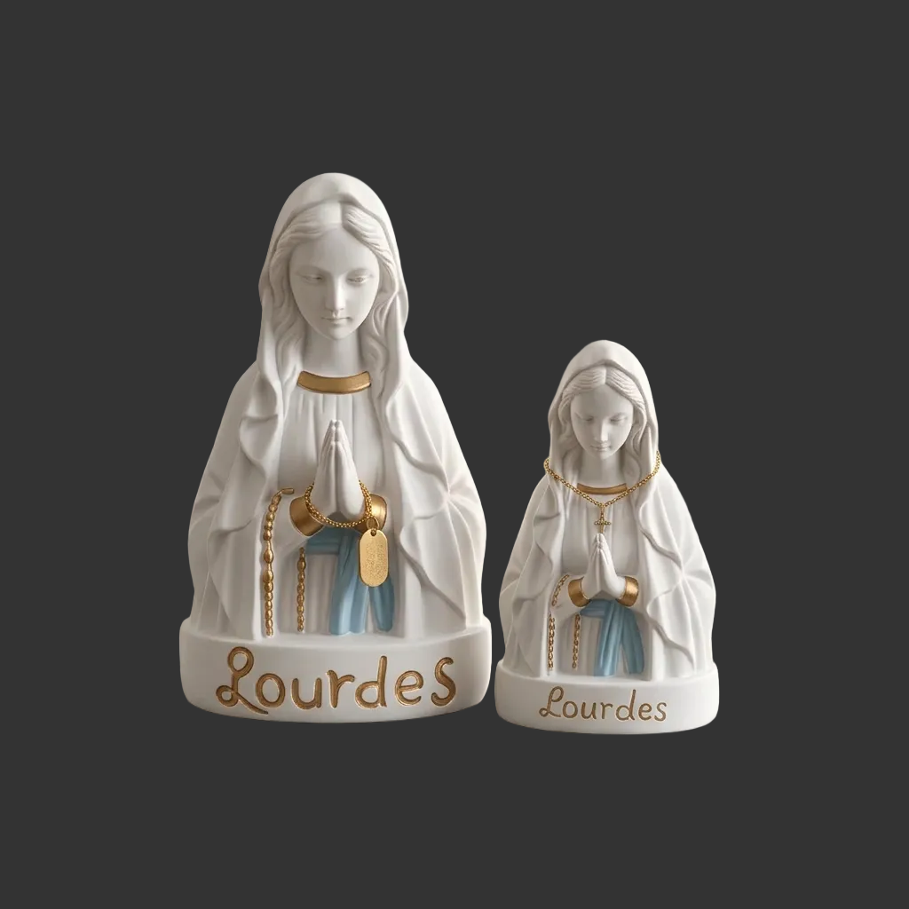 Lourdes Vierge Marie EVNLB 15BB buste religieux de Notre Dame de Lourdes en prière, statues de 13 et 15 cm blanches bleues et dorées, souvenir de pèlerinage et décoration catholique pour maison et recueillement
