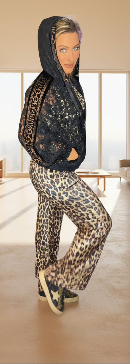 POPUP 9087 TATU PANTALON LÉOPARD BLOUSON DENTELLE NOIR