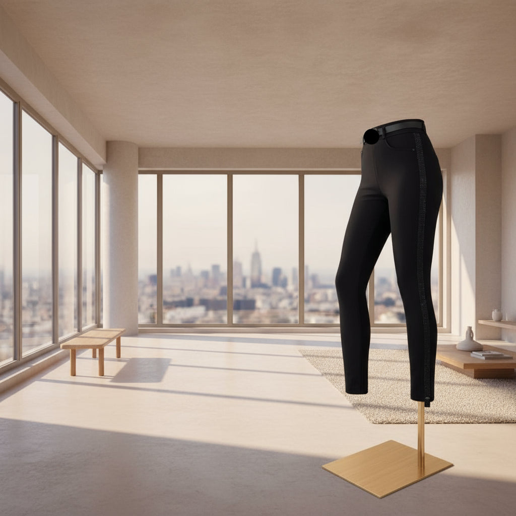 Pantalon chic 1710 – pantalon slim noir à bandes de strass et ceinture