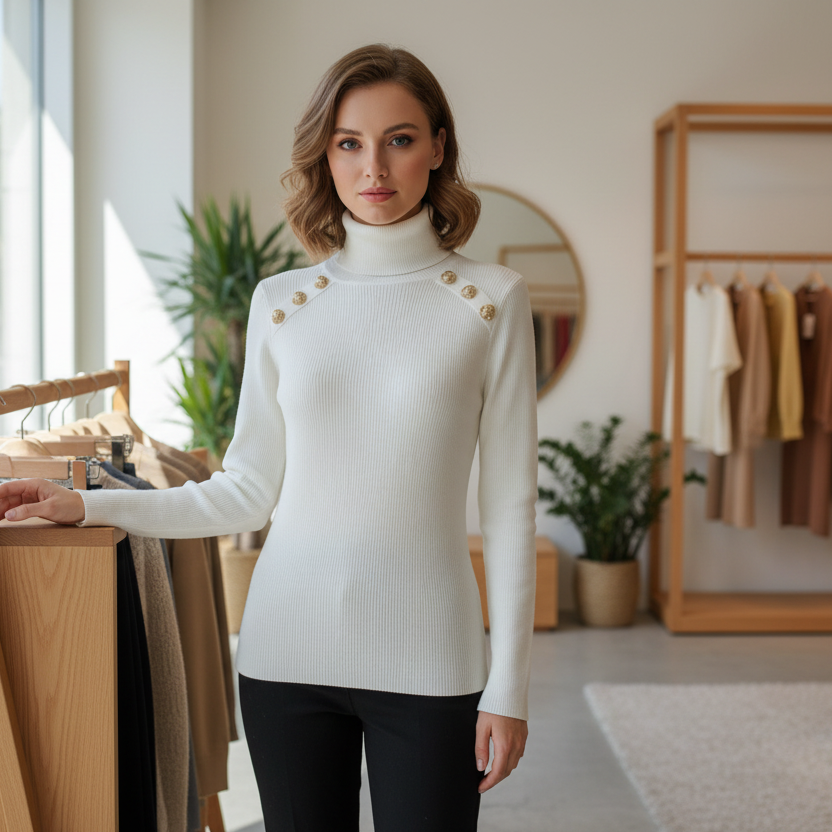 7274 Pull-over en maille côtelée blanc éclatant à col roulé : L&