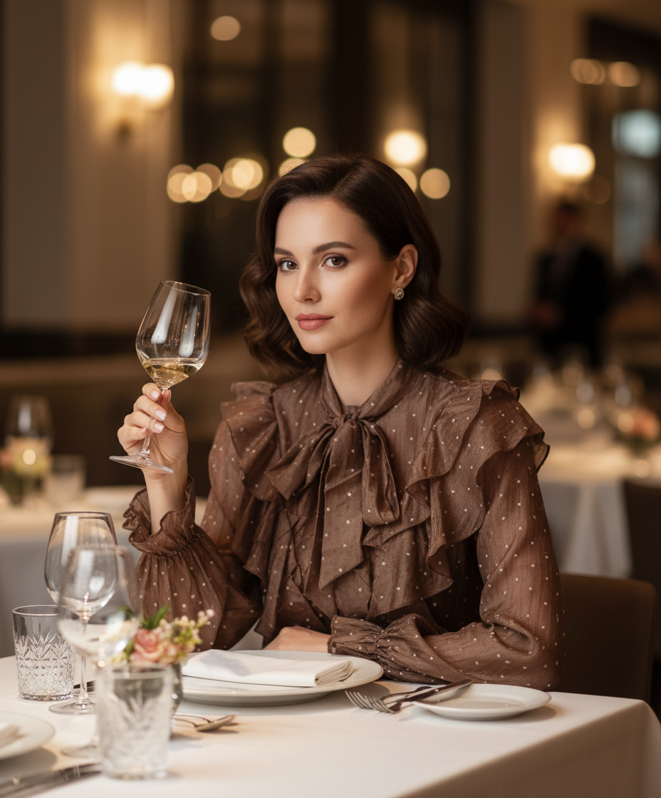 2898 Chemisier Froufrou Marron avec Petits Cœurs Blancs 90% Tencel 10% Polyester Confort Optimal et Elegance Respirantes et Durables