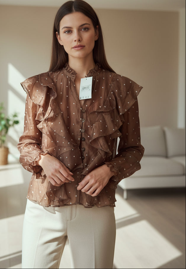 2898 Chemisier Froufrou Marron avec Petits Cœurs Blancs 90% Tencel 10% Polyester Confort Optimal et Elegance Respirantes et Durables