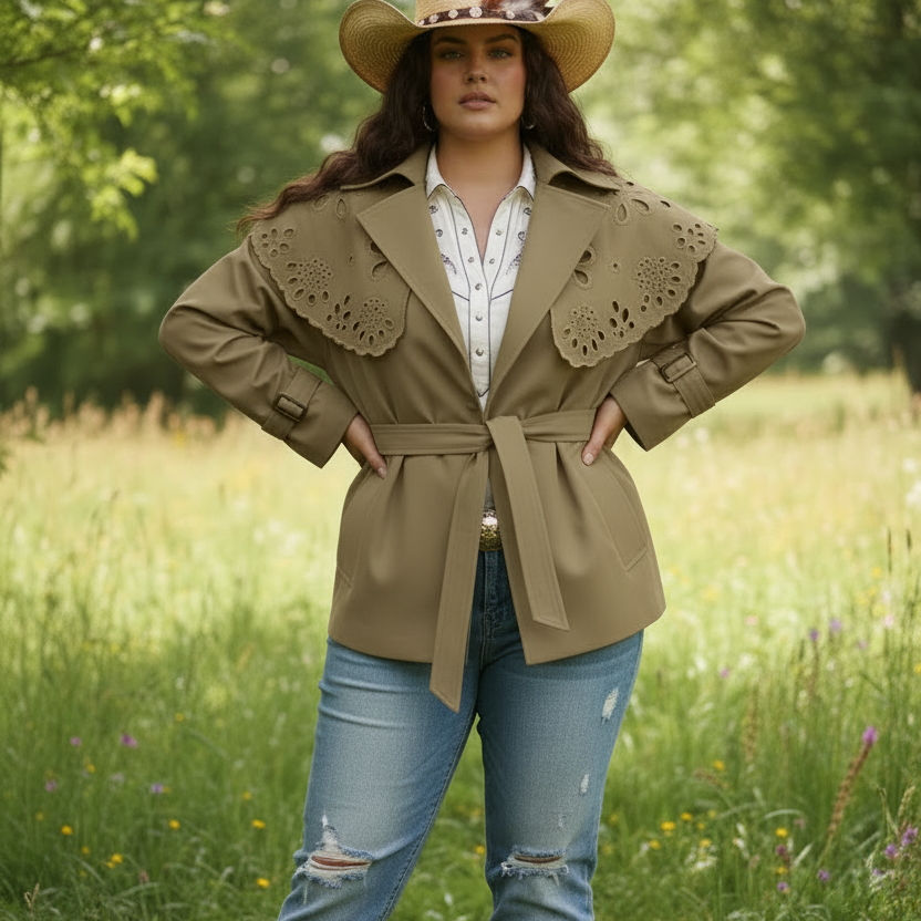 Veste raffinée MX083 – veste femme en suédine vert kaki avec collerette ajourée et ceinture, modèle élégant à porter sur un jean, une robe ou un pantalon pour un style chic et féminin en toute saison.