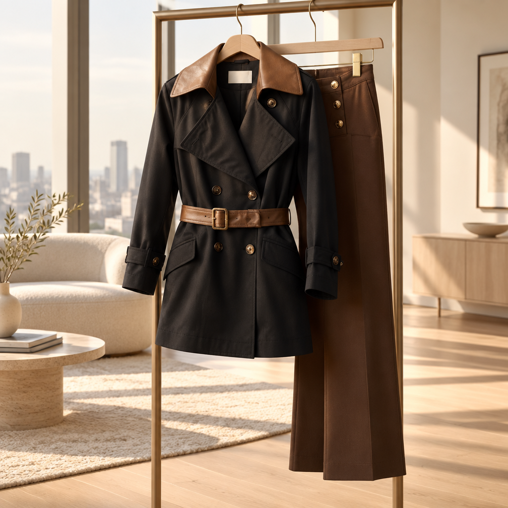 Trench élégant 177 – veste femme ceinturée à détails bimatière, coupe chic de mi-saison à porter sur une robe, un jean ou un pantalon habillé, pour une silhouette moderne et féminine pour vos sorties.