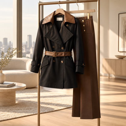 Trench élégant 177 – veste femme ceinturée à détails bimatière, coupe chic de mi-saison à porter sur une robe, un jean ou un pantalon habillé, pour une silhouette moderne et féminine pour vos sorties.