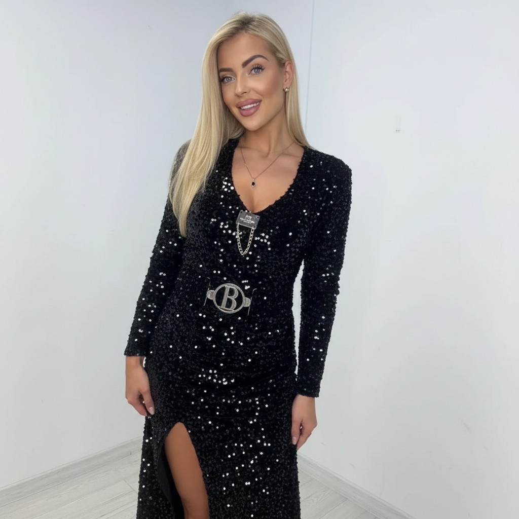 PAPARAZZI 3355 ROBE de soirée tout en sequin avec la ceinture fournie extensible classique et sexy pour de nombreuses occasions