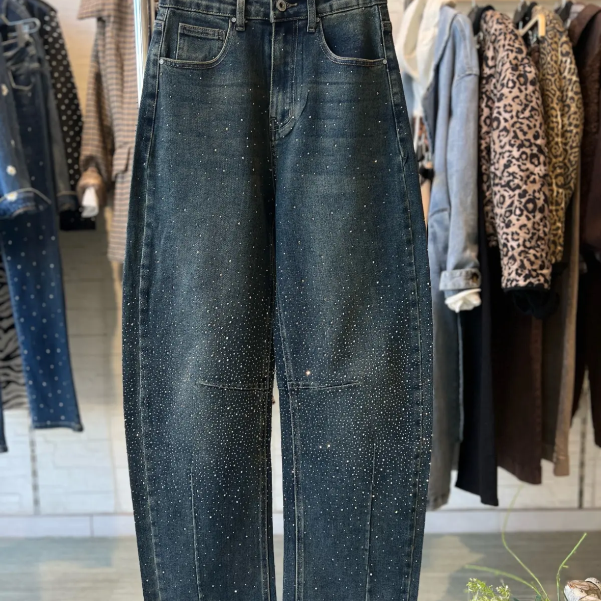 958 Jeans 2007  Strassed Taille Haute Wide Balloon avec Paillettes Élégantes Coupe Jolie et Confortable pour Style Unique et Chic