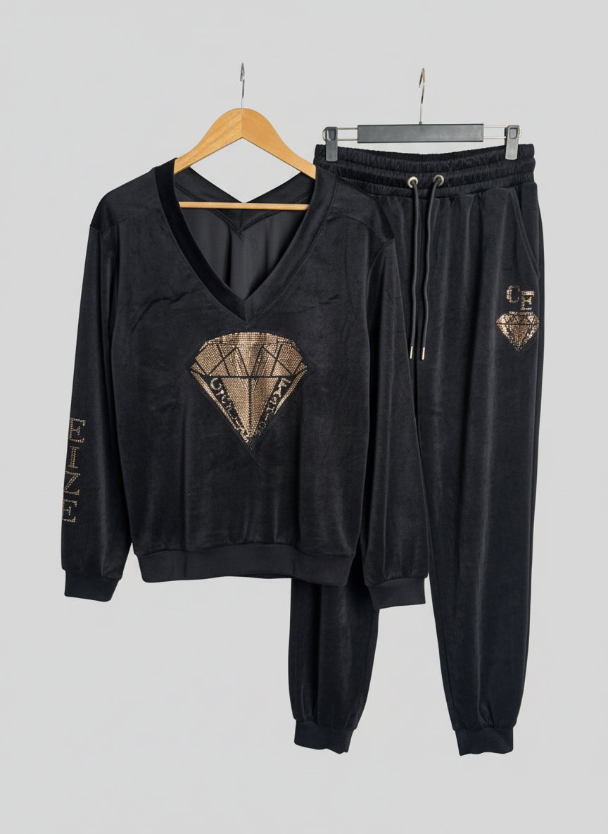 3761 CHARLIZE FASHION Ensemble 2 pieces Jogging Trois Pièces Pantalon Sweat et Doudoune Noire Brillante pour Femme