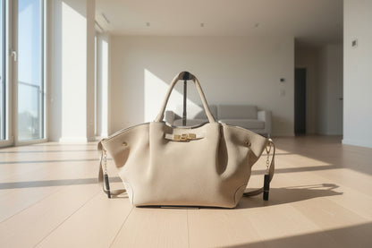 1052 sac en daim(cuir retourné et traité) ￼ très bonne qualité avec une boucle DORE pour fermeture à se et bamdouiliere(30cm de large sur 20 de haut)