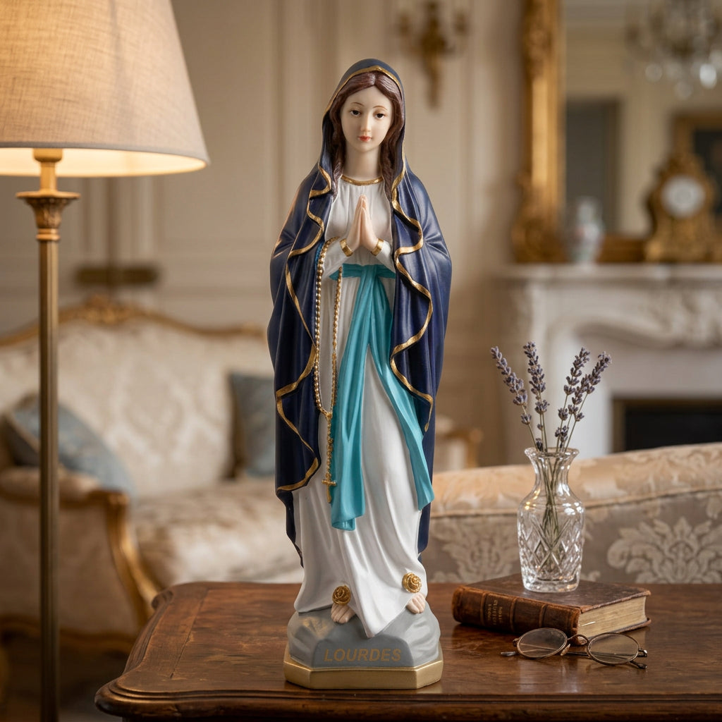 Lourdes Vierge Marie EVTL 30 BL EVTL 20 BL EVTL 15 BL EVTL 15 BC statues religieuses de Notre Dame de Lourdes en résine, manteau bleu marine ou turquoise, chapelet doré, hauteurs 15 20 et 30 cm pour la prière et le recueillement