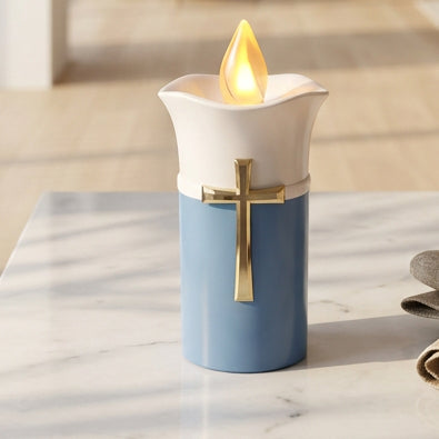 Lumière paisible – LPS 01 – Bougie de dévotion décorative 13 cm, bleu et blanc, motif religieux pour coin de prière, maison, lieu de souvenir ou recueillement