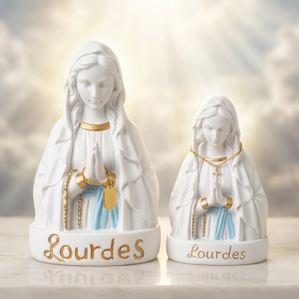 Lourdes Vierge Marie EVNLB 15BB buste religieux de Notre Dame de Lourdes en prière, statues de 13 et 15 cm blanches bleues et dorées, souvenir de pèlerinage et décoration catholique pour maison et recueillement