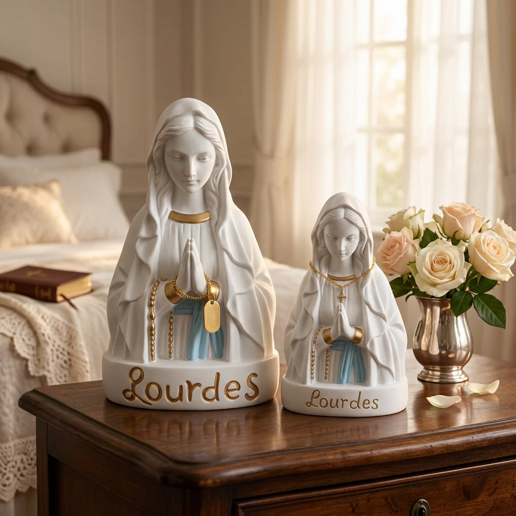 Lourdes Vierge Marie EVNLB 15BB buste religieux de Notre Dame de Lourdes en prière, statues de 13 et 15 cm blanches bleues et dorées, souvenir de pèlerinage et décoration catholique pour maison et recueillement