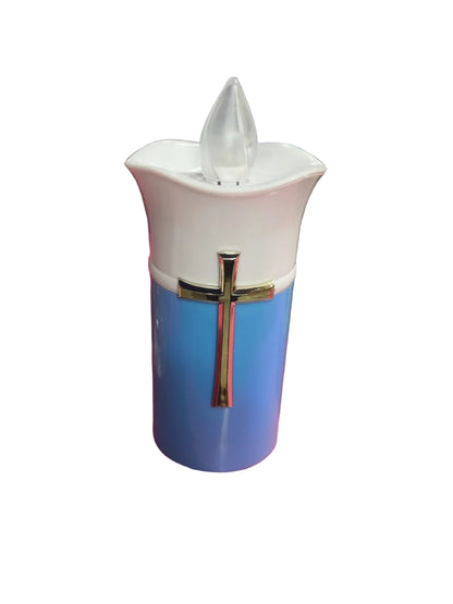 Lumière paisible – LPS 01 – Bougie de dévotion décorative 13 cm, bleu et blanc, motif religieux pour coin de prière, maison, lieu de souvenir ou recueillement