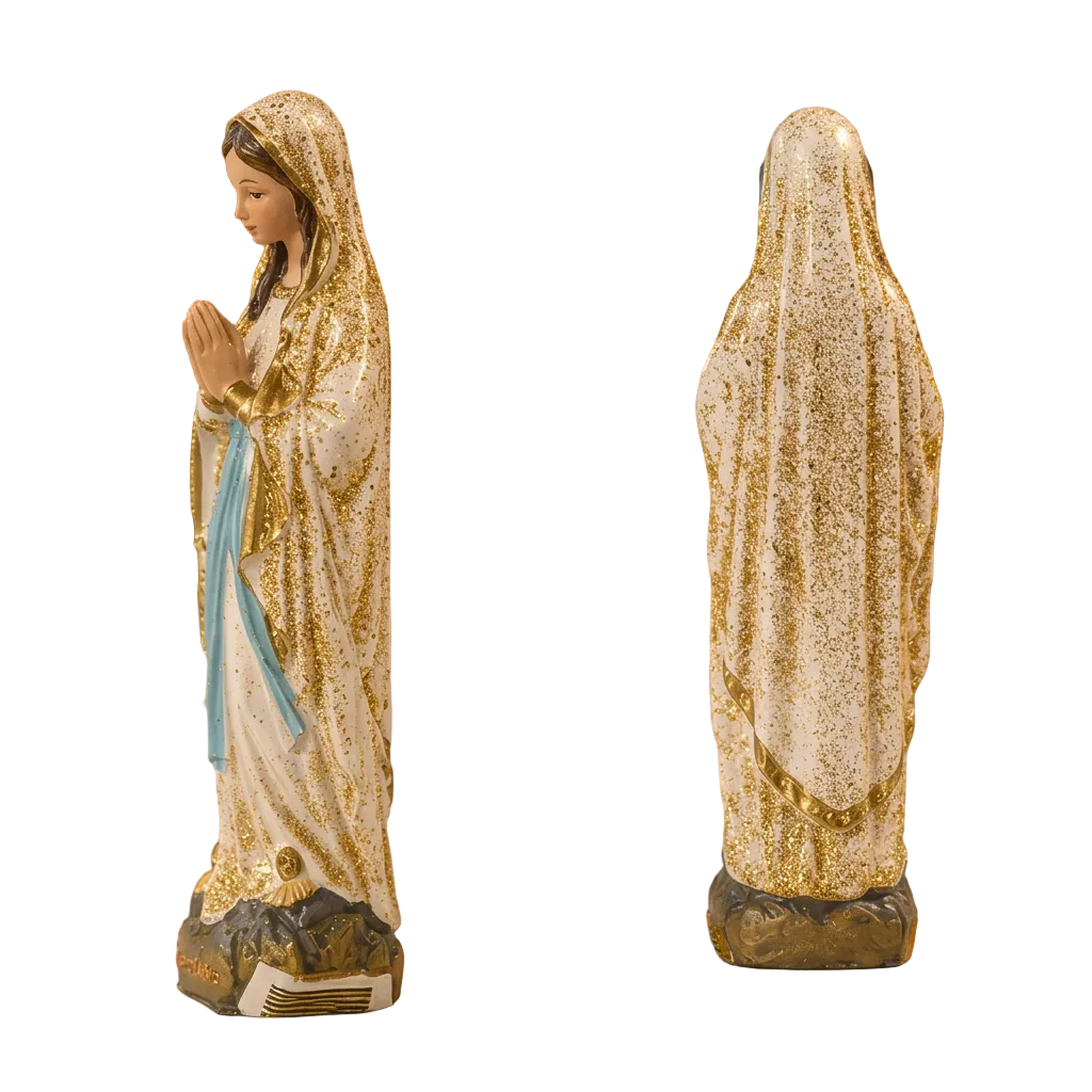 Lourdes Vierge Marie EVNL 10 WP petite statue religieuse de 10 cm en prière avec voile blanc pailleté aux finitions dorées, ceinture bleu turquoise, chapelet, socle Lourdes, souvenir catholique béni pour la dévotion et le recueillement