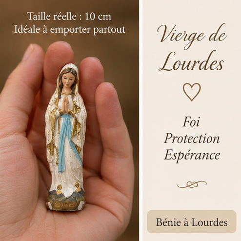 Lourdes Vierge Marie EVNL 10 WP petite statue religieuse de 10 cm en prière avec voile blanc pailleté aux finitions dorées, ceinture bleu turquoise, chapelet, socle Lourdes, souvenir catholique béni pour la dévotion et le recueillement