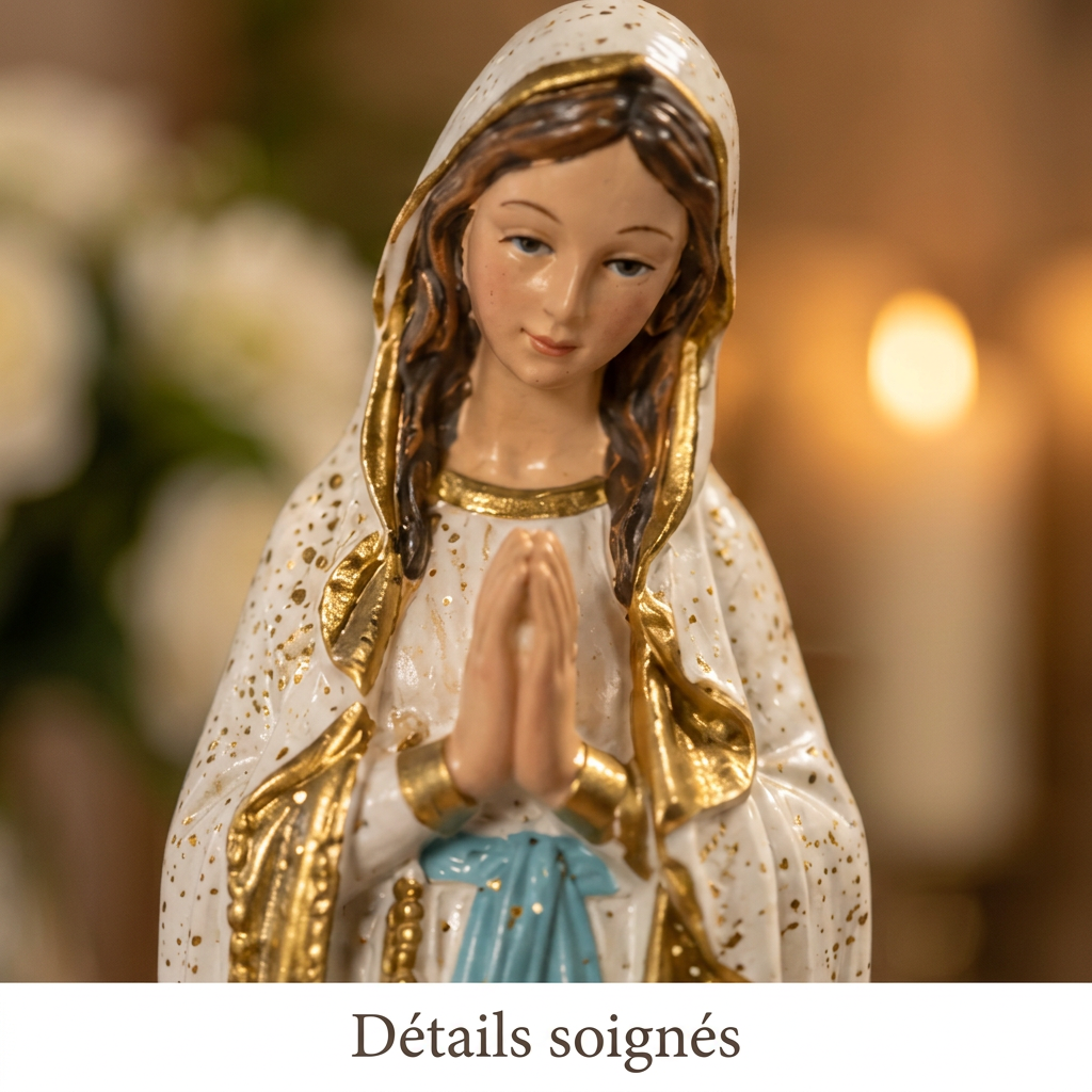 Lourdes Vierge Marie EVNL 10 WP petite statue religieuse de 10 cm en prière avec voile blanc pailleté aux finitions dorées, ceinture bleu turquoise, chapelet, socle Lourdes, souvenir catholique béni pour la dévotion et le recueillement