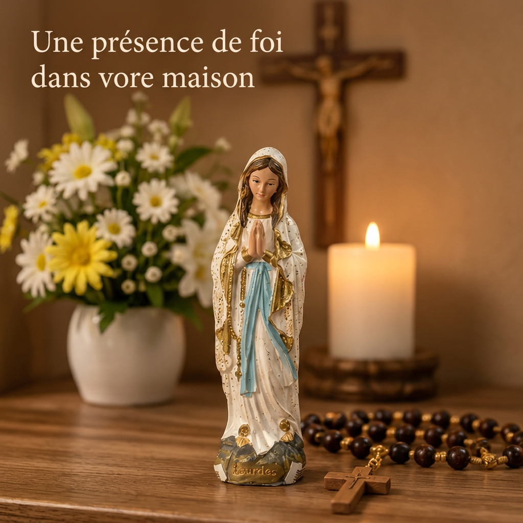 Lourdes Vierge Marie EVNL 10 WP petite statue religieuse de 10 cm en prière avec voile blanc pailleté aux finitions dorées, ceinture bleu turquoise, chapelet, socle Lourdes, souvenir catholique béni pour la dévotion et le recueillement