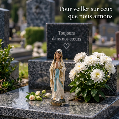 Lourdes Vierge Marie EVNL 10 WP petite statue religieuse de 10 cm en prière avec voile blanc pailleté aux finitions dorées, ceinture bleu turquoise, chapelet, socle Lourdes, souvenir catholique béni pour la dévotion et le recueillement