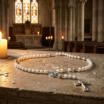 Chapelet de Lourdes blanc et plaqué argent, vue entière sur fond blanc