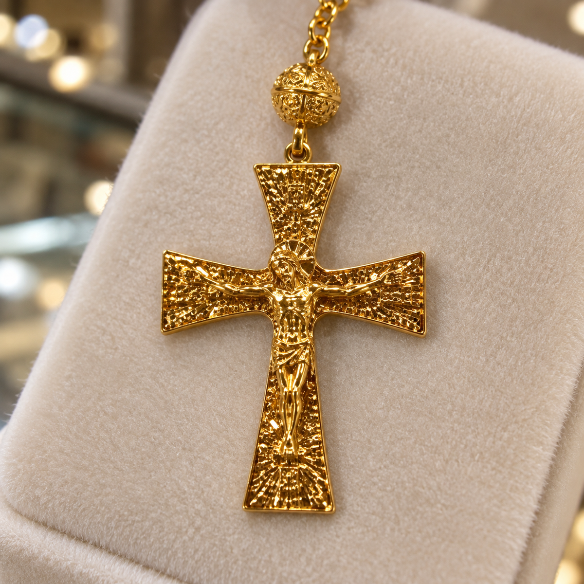 Détail de la croix en plaqué or du chapelet de Lourdes sur un présentoir de bijouterie