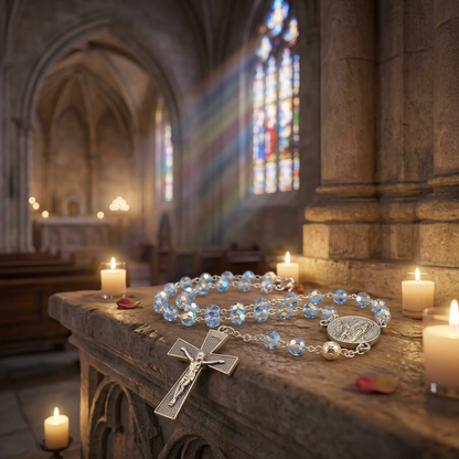 Face du médaillon de Lourdes du chapelet bleu jean