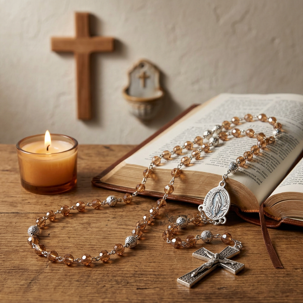 5-Brun bronze – Chapelet de Lourdes en cristal facetté et plaqué argent, médaillon contenant de l’eau de Lourdes, croix argentée, fabriqué à Lourdes en France et béni par un prêtre, pour la prière et le recueillement