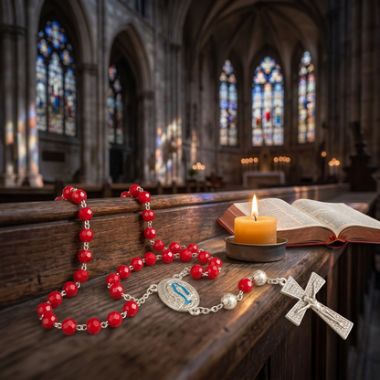 4-Rouge éclatant – Chapelet de Lourdes en perles facettées et plaqué argent, médaillon contenant de l’eau de Lourdes, croix argentée, fabriqué à Lourdes en France et béni par un prêtre, pour la prière et le recueillement