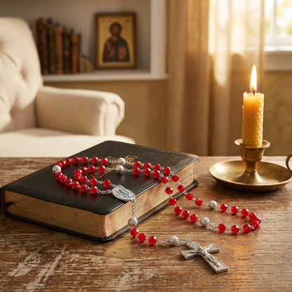 Chapelet rouge de Lourdes entier sur fond blanc, plaqué argent