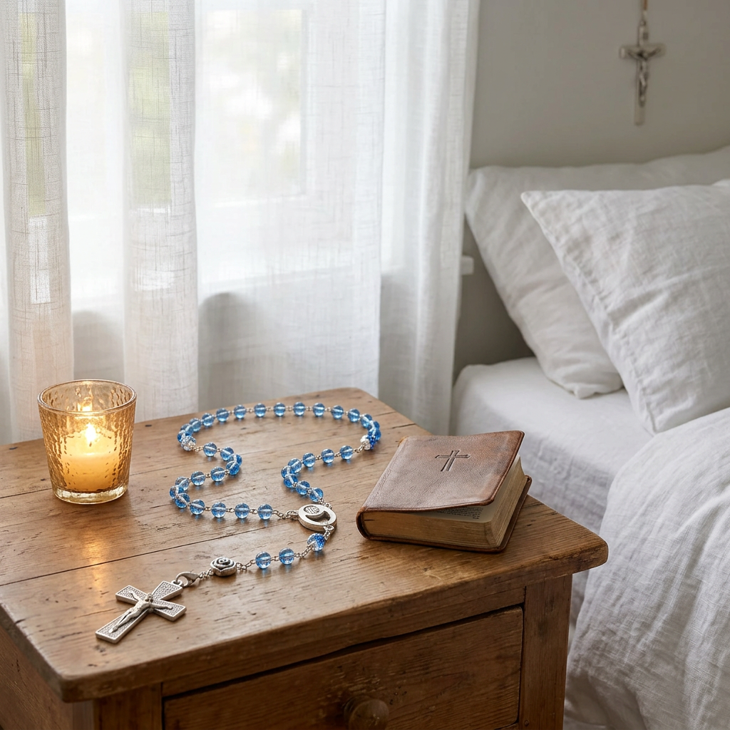 Chapelet bleu ciel plaqué argent — gros plan de la rose, des strass et du médaillon en présentation bijouterie