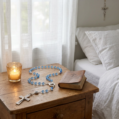 Chapelet bleu ciel plaqué argent — gros plan de la rose, des strass et du médaillon en présentation bijouterie