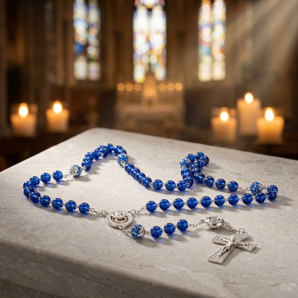 Chapelet de Lourdes bleu roi plaqué argent, entier sur fond blanc
