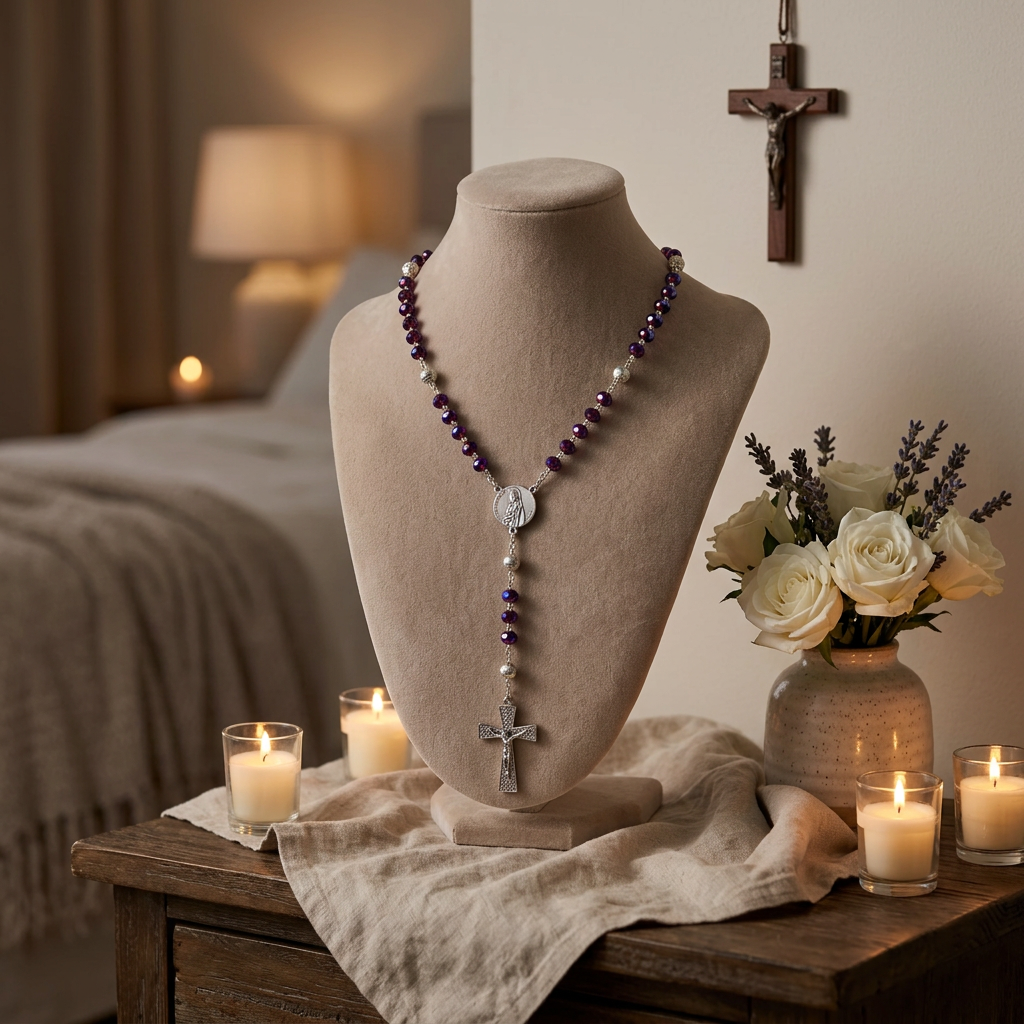 Chapelet de Lourdes en cristal violet irisé et plaqué argent présenté en bijouterie
