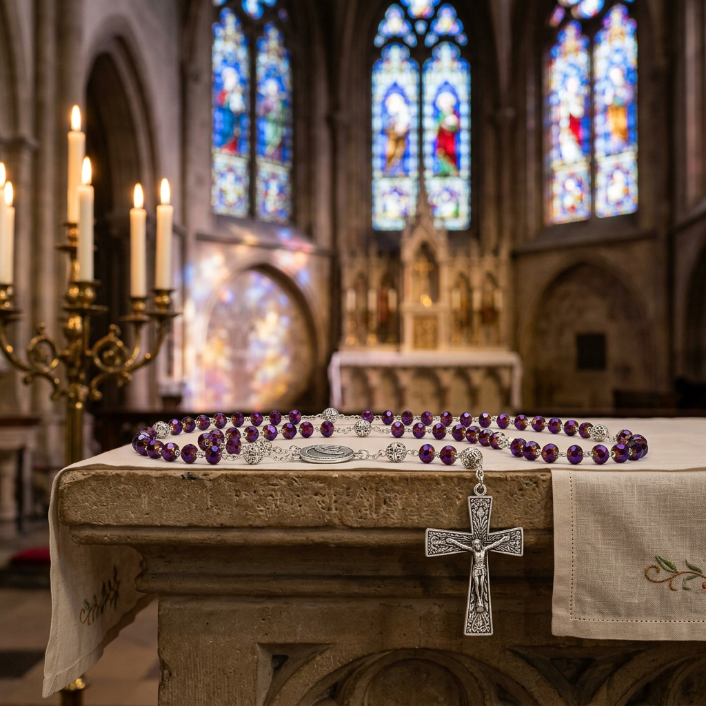 Chapelet de Lourdes violet irisé et plaqué argent, vue entière sur fond blanc