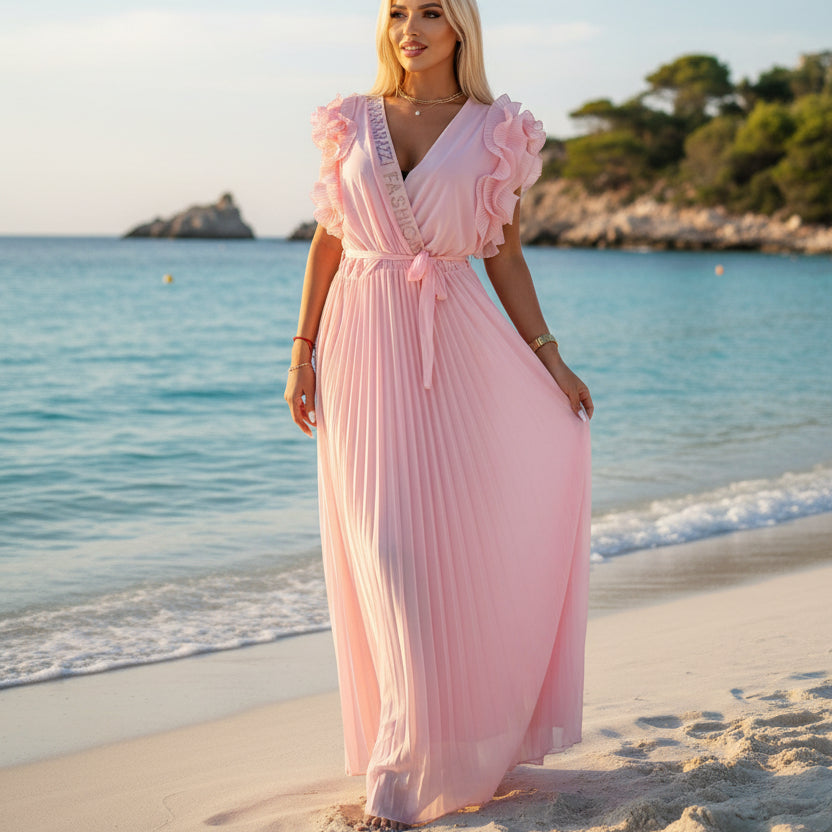 PAPARAZZI robe longue plissée à fleurs 2142  : l’élégance vaporeuse en mousseline pour vos soirées d’été, avec son décolleté en v plongeant et ses manches à volants, une pièce unique pour un look romantique et sophistiqué.